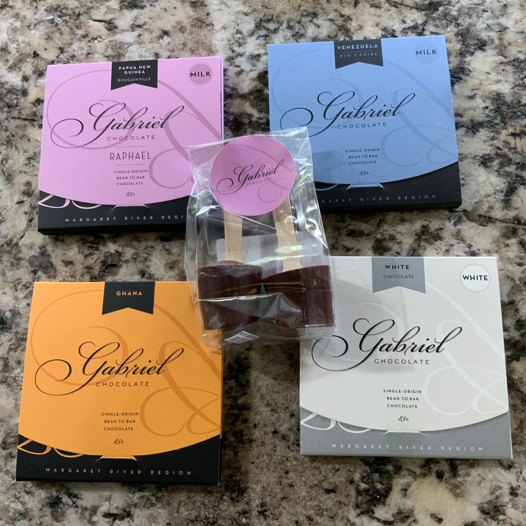 Chocolate lovers gift - 4 chocolate bars and marshmallow hot chocolate sticks.